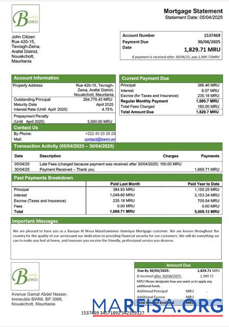 Realistic Mauritania Banque Al Wava Mauritanienne Islamique mortgage statement Word and PDF template